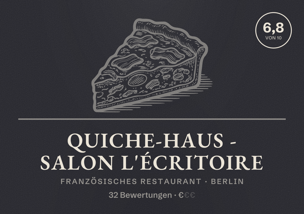 Illustriertes Poster von Quiche-Haus - Salon L'écritoire, Französisches Restaurant in Berlin: Bewertung 6,8 von 10 aus 32 Bewertungen, Preisniveau €