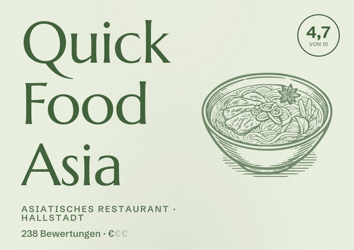 Illustriertes Poster von Quick Food Asia, Asiatisches Restaurant in Hallstadt: Bewertung 4,7 von 10 aus 238 Bewertungen, Preisniveau €