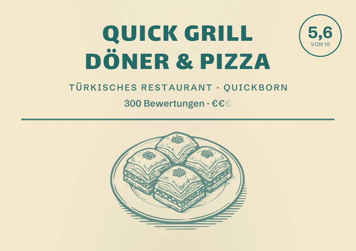 Illustriertes Poster von Quick Grill Döner & Pizza, Türkisches Restaurant in Quickborn: Bewertung 5,6 von 10 aus 300 Bewertungen, Preisniveau €€