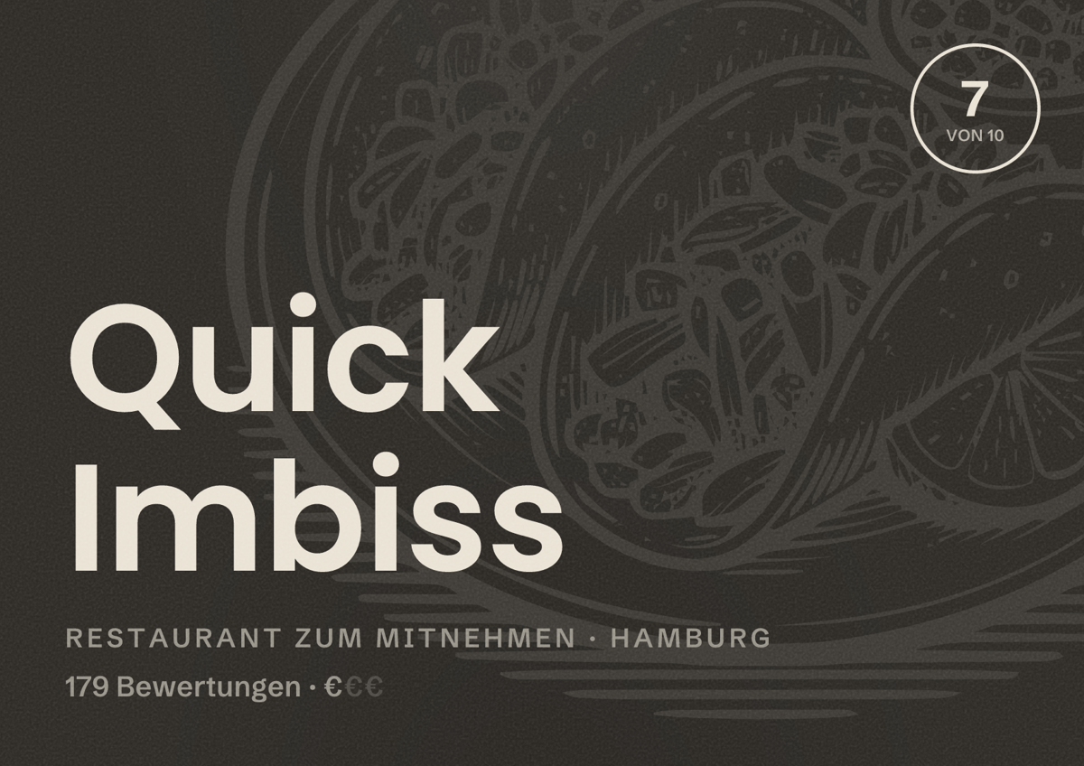 Illustriertes Poster von Quick Imbiss, Restaurant zum Mitnehmen in Hamburg: Bewertung 7,0 von 10 aus 179 Bewertungen, Preisniveau €