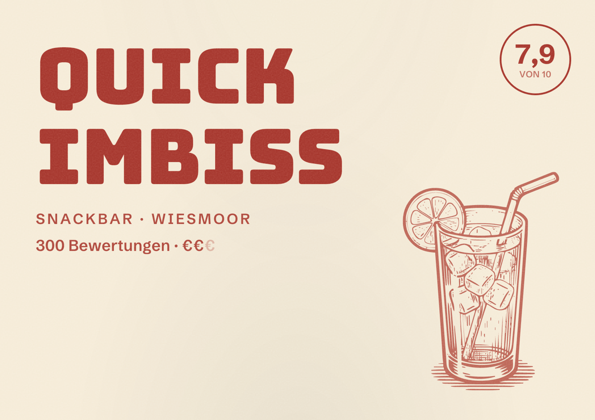 Illustriertes Poster von Quick Imbiss, Snackbar in Wiesmoor: Bewertung 7,9 von 10 aus 300 Bewertungen, Preisniveau €€