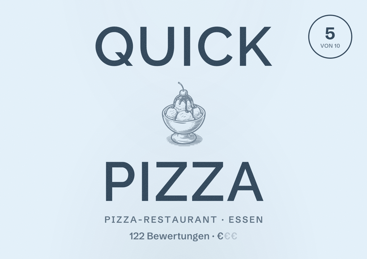 Illustriertes Poster von Quick Pizza, Pizza-Restaurant in Essen: Bewertung 5 von 10 aus 122 Bewertungen, Preisniveau €