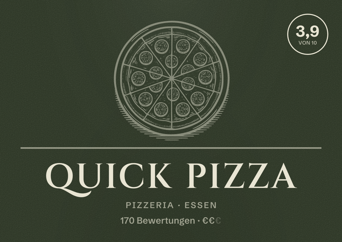 Illustriertes Poster von Quick Pizza, Pizzeria in Essen: Bewertung 3,9 von 10 aus 170 Bewertungen, Preisniveau €€