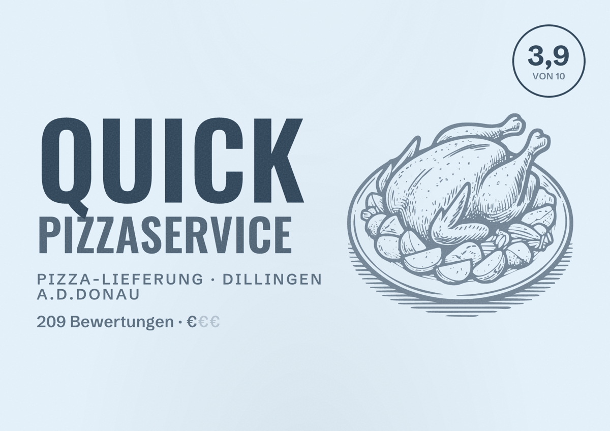 Illustriertes Poster von Quick Pizzaservice, Pizza-Lieferung in Dillingen a.d.Donau: Bewertung 3,9 von 10 aus 209 Bewertungen, Preisniveau €