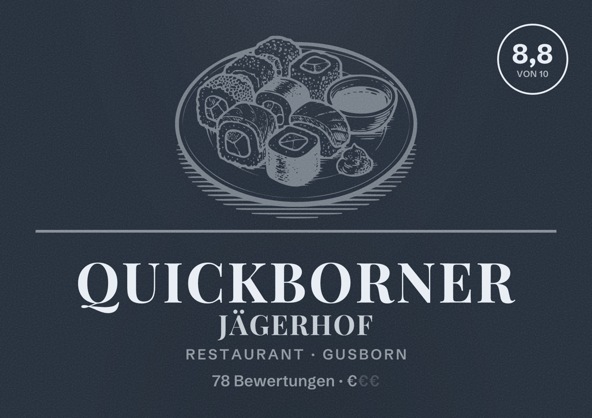 Illustriertes Poster von Quickborner Jägerhof, Restaurant in Gusborn: Bewertung 8,8 von 10 aus 78 Bewertungen, Preisniveau €