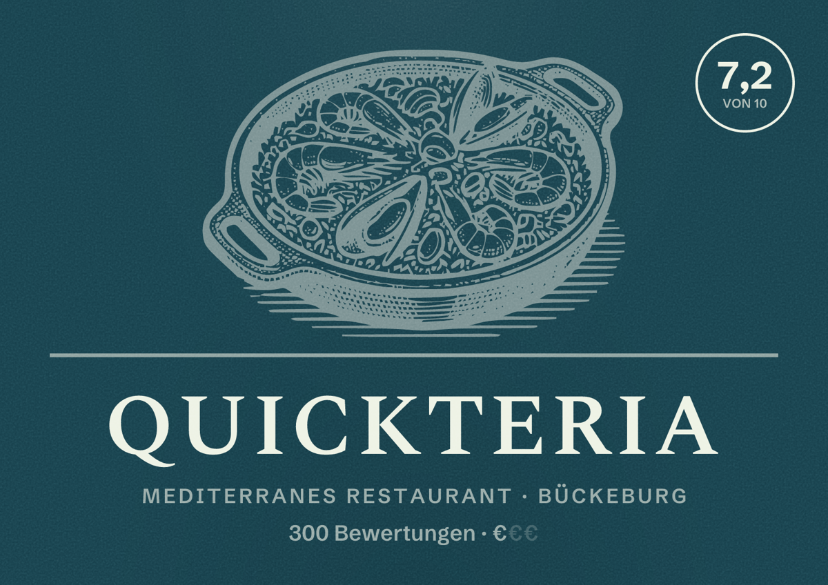 Illustriertes Poster von Quickteria, Mediterranes Restaurant in Bückeburg: Bewertung 7,2 von 10 aus 300 Bewertungen, Preisniveau €