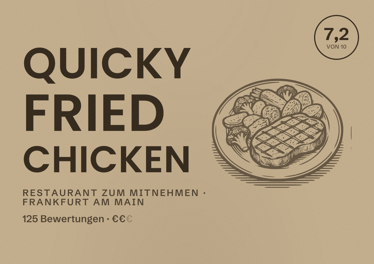 Illustriertes Poster von Quicky Fried Chicken, Restaurant zum Mitnehmen in Frankfurt am Main: Bewertung 7,2 von 10 aus 125 Bewertungen, Preisniveau €€