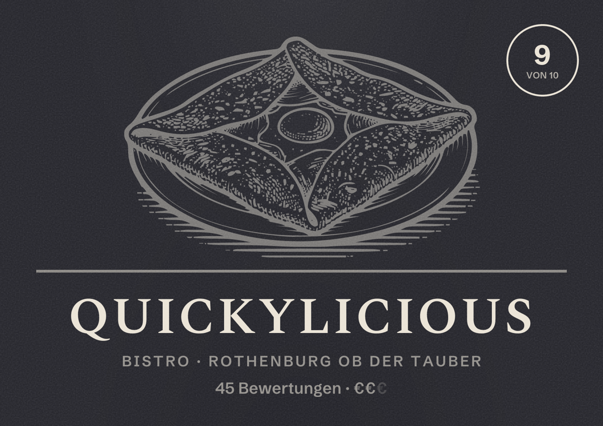 Illustriertes Poster von Quickylicious, Bistro in Rothenburg ob der Tauber: Bewertung 9 von 10 aus 45 Bewertungen, Preisniveau €€