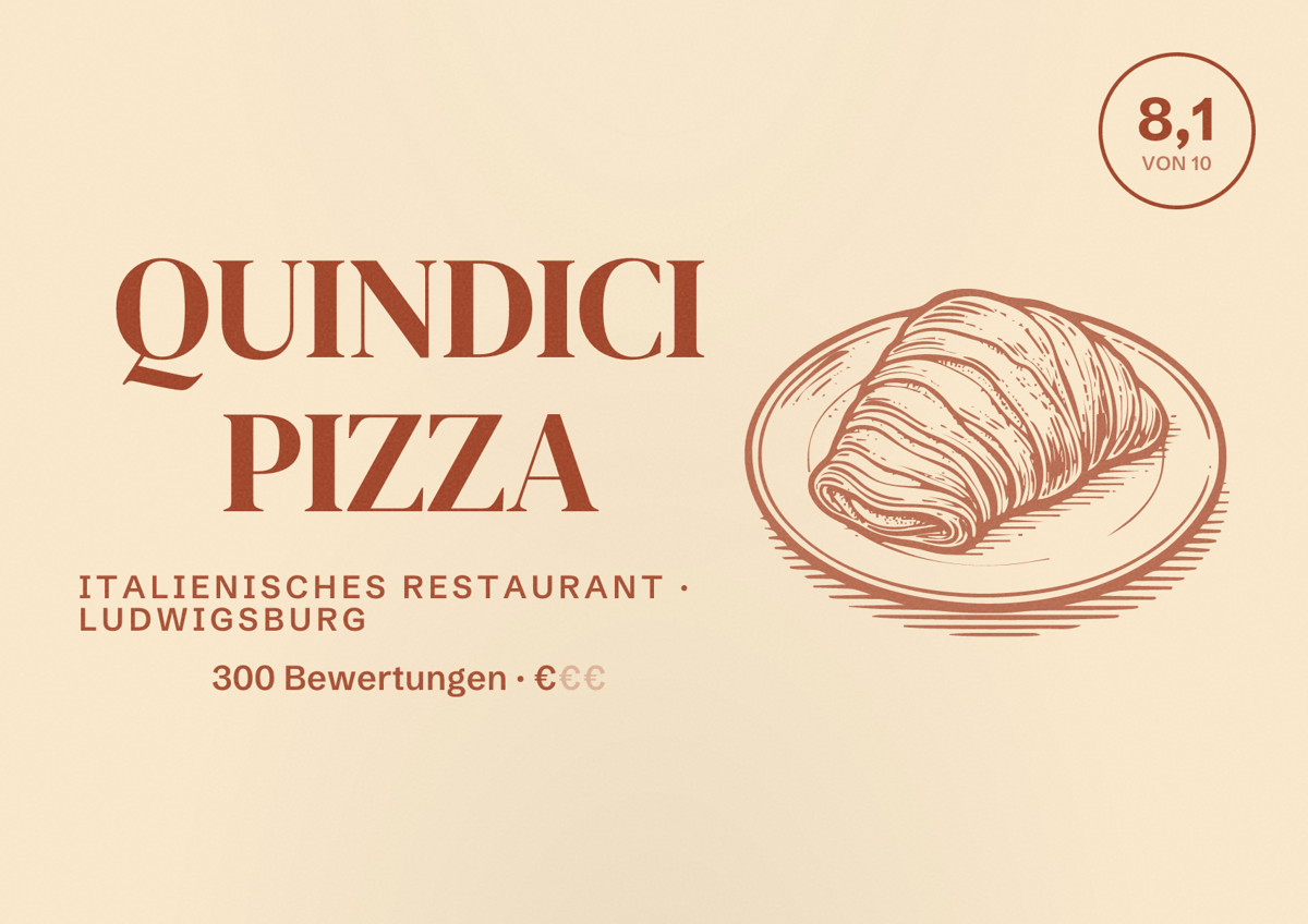 Illustriertes Poster von QUINDICI PIZZA, Italienisches Restaurant in Ludwigsburg: Bewertung 8,1 von 10 aus 300 Bewertungen, Preisniveau €