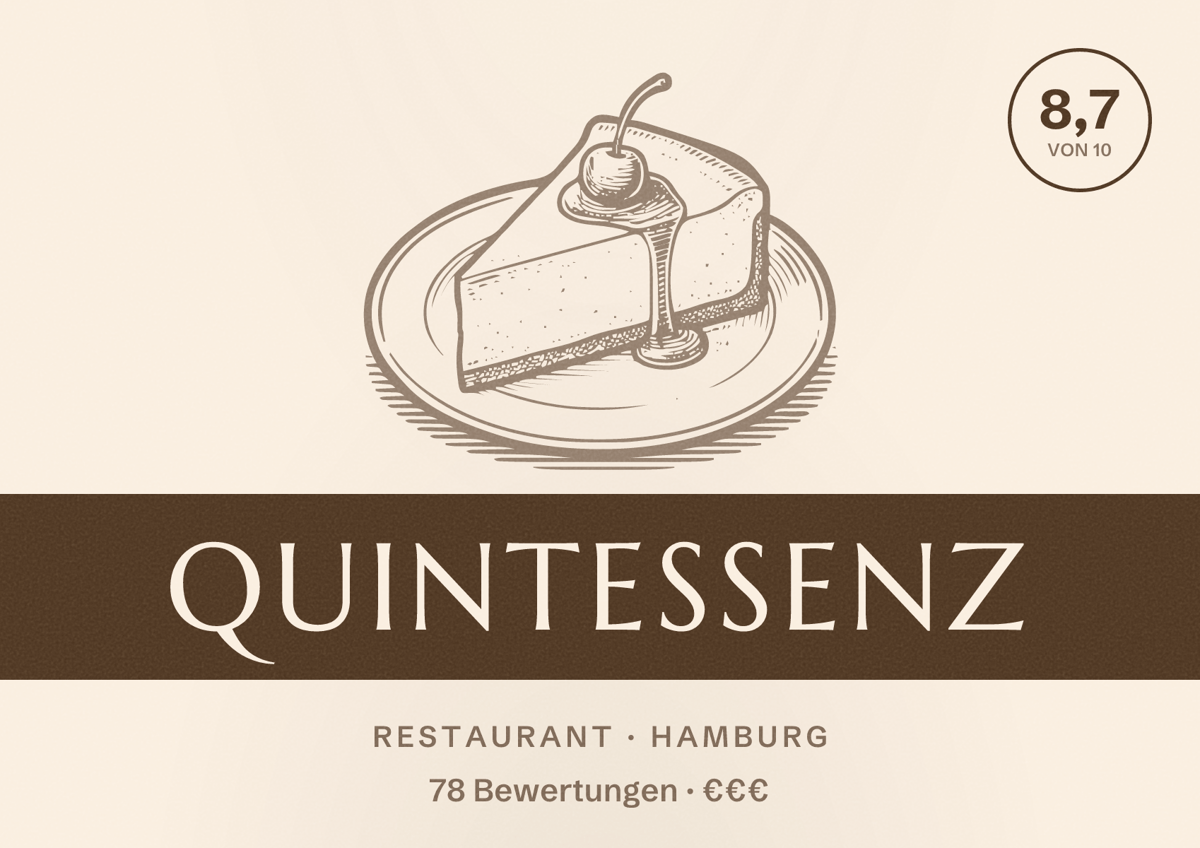 Illustriertes Poster von Quintessenz, Restaurant in Hamburg: Bewertung 8,7 von 10 aus 78 Bewertungen, Preisniveau €€€