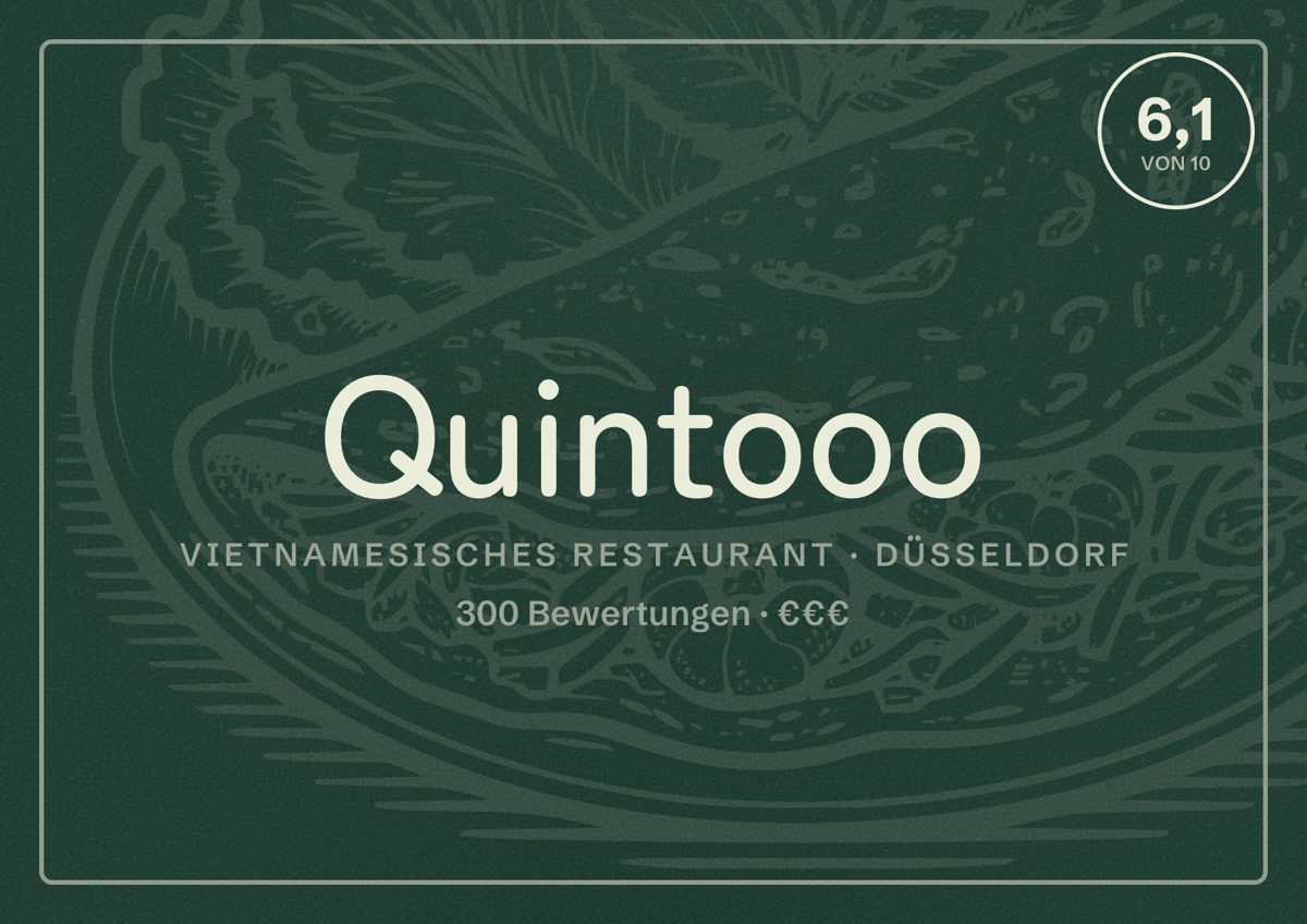 Illustriertes Poster von Quintooo, Vietnamesisches Restaurant in Düsseldorf: Bewertung 6,1 von 10 aus 300 Bewertungen, Preisniveau €€€