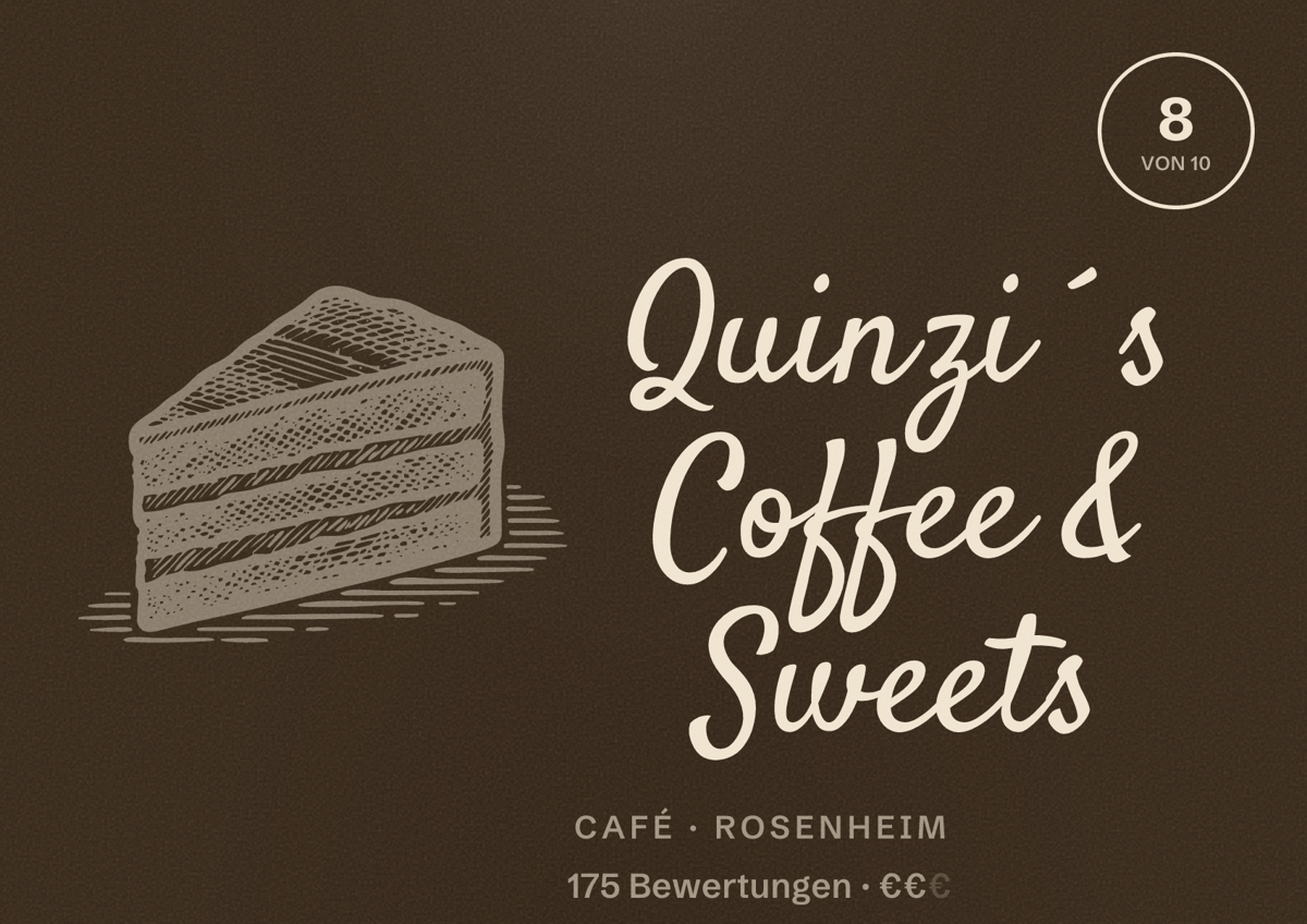 Illustriertes Poster von Quinzi´s Coffee & Sweets, Café in Rosenheim: Bewertung 8 von 10 aus 175 Bewertungen, Preisniveau €€