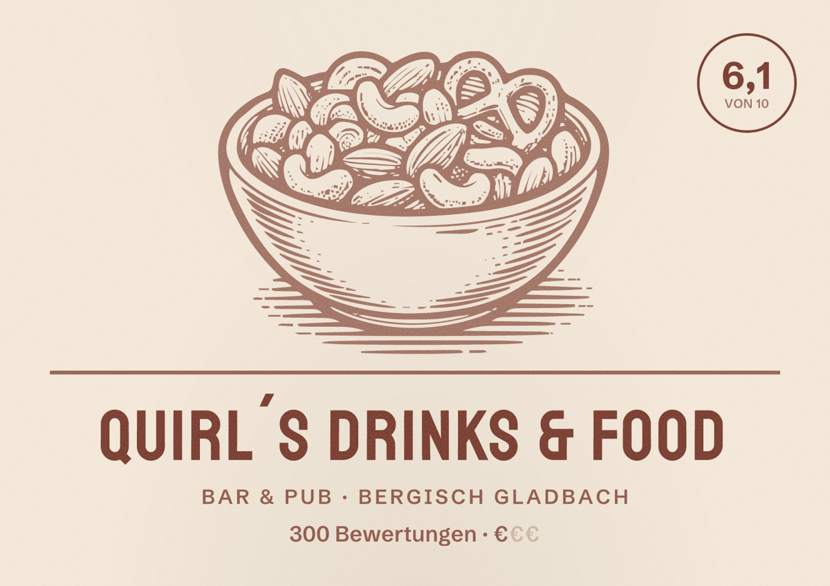 Illustriertes Poster von Quirl´s Drinks & Food, Bar & Pub in Bergisch Gladbach: Bewertung 6,1 von 10 aus 300 Bewertungen, Preisniveau €