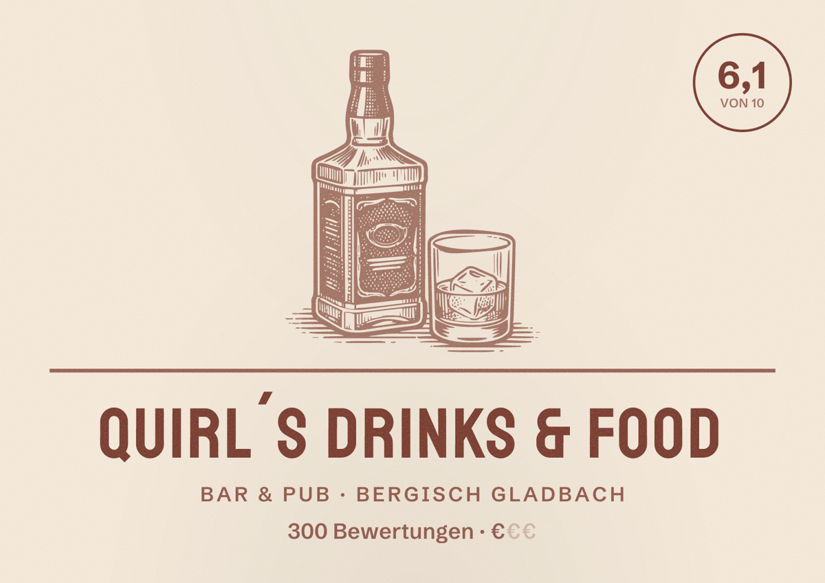 Illustriertes Poster von Quirl´s Drinks & Food, Bar & Pub in Bergisch Gladbach: Bewertung 6,1 von 10 aus 300 Bewertungen, Preisniveau €