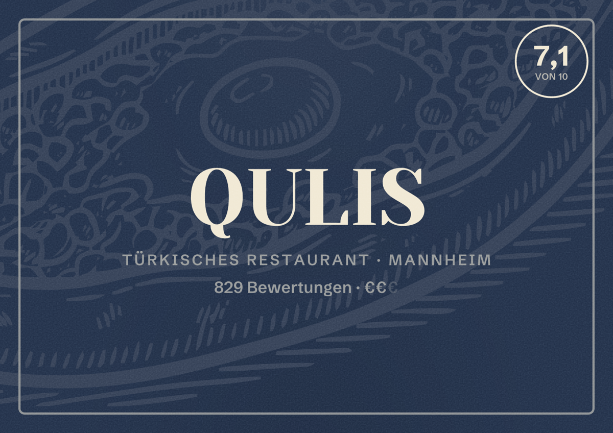 Illustriertes Poster von QULIS, Türkisches Restaurant in Mannheim: Bewertung 7,1 von 10 aus 829 Bewertungen, Preisniveau €€