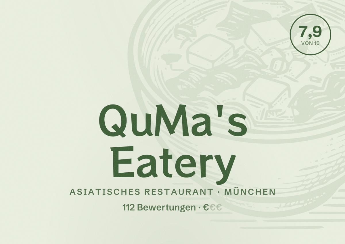 Illustriertes Poster von QuMa's Eatery, Asiatisches Restaurant in München: Bewertung 7,9 von 10 aus 112 Bewertungen, Preisniveau €