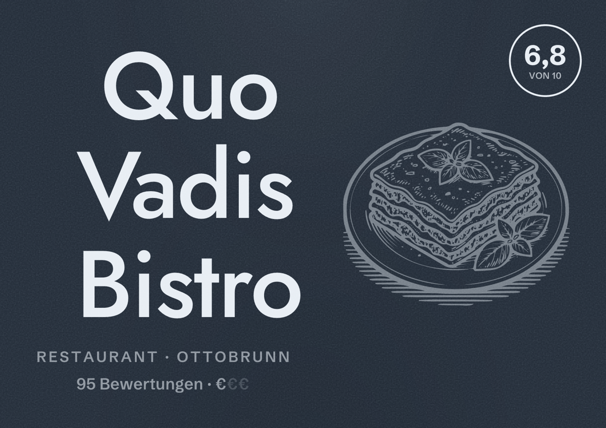 Illustriertes Poster von Quo Vadis Bistro, Restaurant in Ottobrunn: Bewertung 6,8 von 10 aus 95 Bewertungen, Preisniveau €