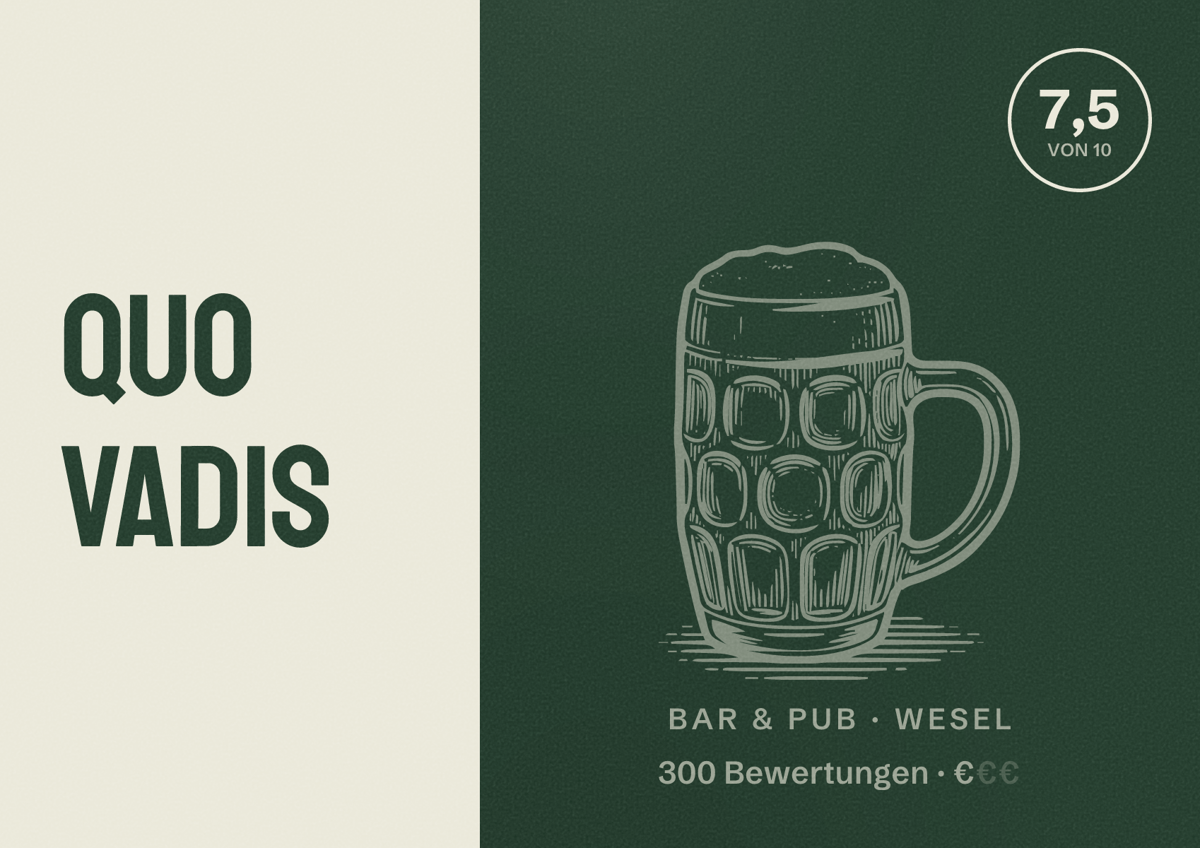 Illustriertes Poster von Quo Vadis, Bar & Pub in Wesel: Bewertung 7,5 von 10 aus 300 Bewertungen, Preisniveau €