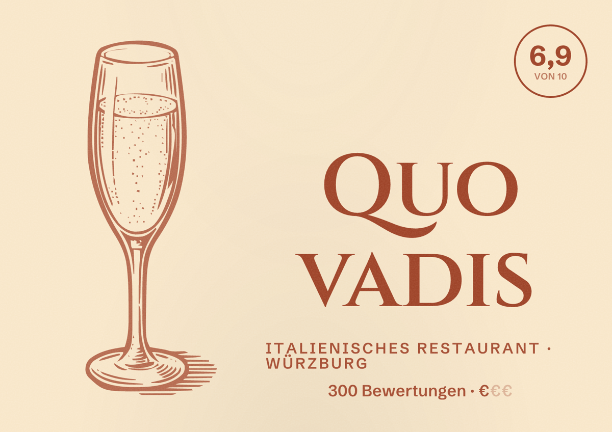 Illustriertes Poster von Quo vadis, Italienisches Restaurant in Würzburg: Bewertung 6,9 von 10 aus 300 Bewertungen, Preisniveau €