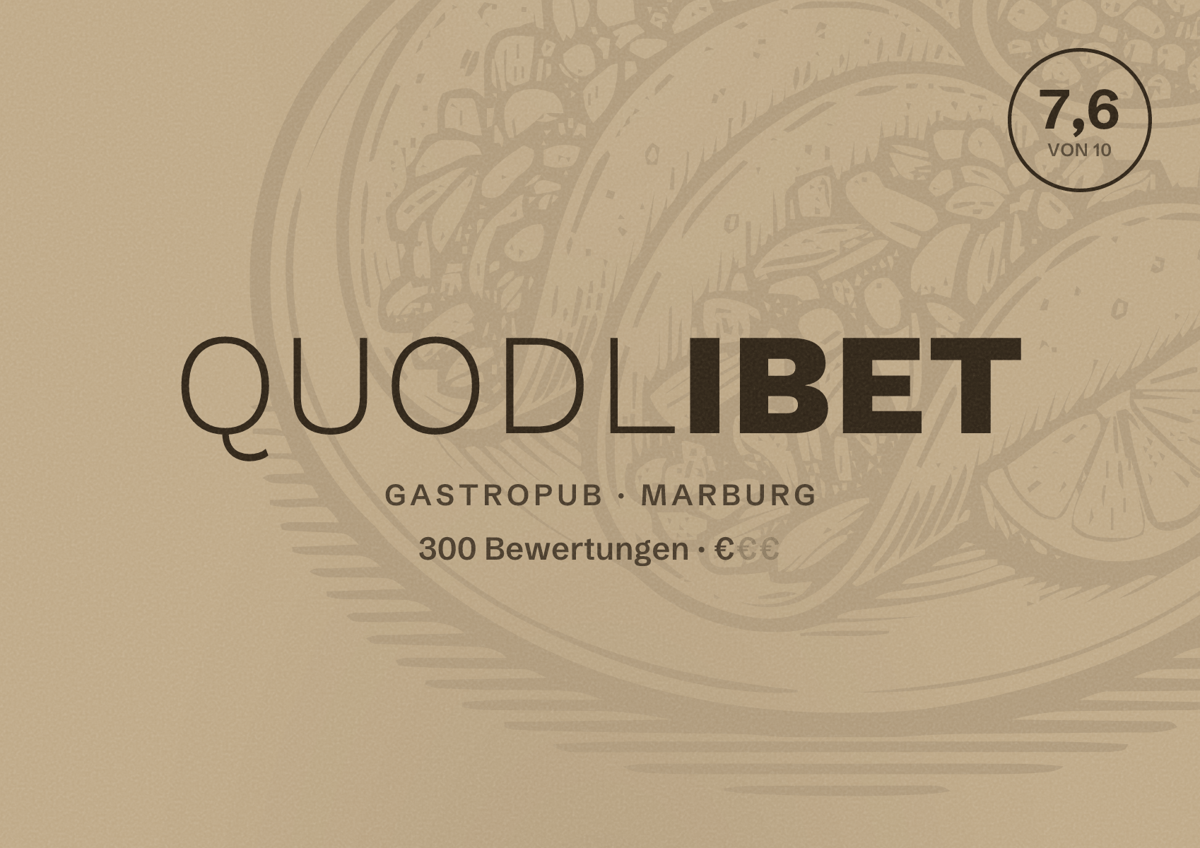 Illustriertes Poster von Quodlibet, Gastropub in Marburg: Bewertung 7,6 von 10 aus 300 Bewertungen, Preisniveau €
