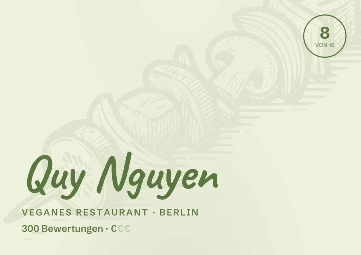 Illustriertes Poster von Quy Nguyen, Veganes Restaurant in Berlin: Bewertung 8,0 von 10 aus 300 Bewertungen, Preisniveau €