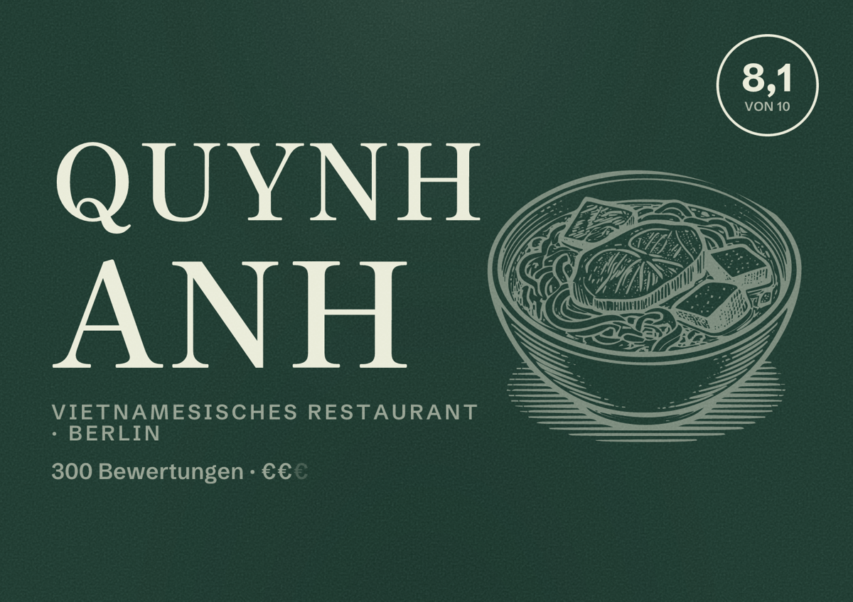 Illustriertes Poster von Quynh Anh, Vietnamesisches Restaurant in Berlin: Bewertung 8,1 von 10 aus 300 Bewertungen, Preisniveau €€
