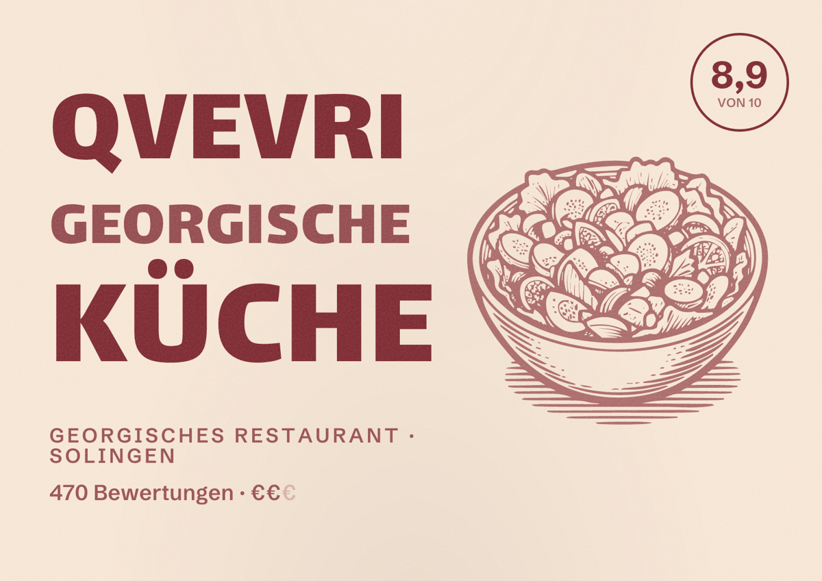Illustriertes Poster von Qvevri Georgische Küche, Georgisches Restaurant in Solingen: Bewertung 8,9 von 10 aus 470 Bewertungen, Preisniveau €€