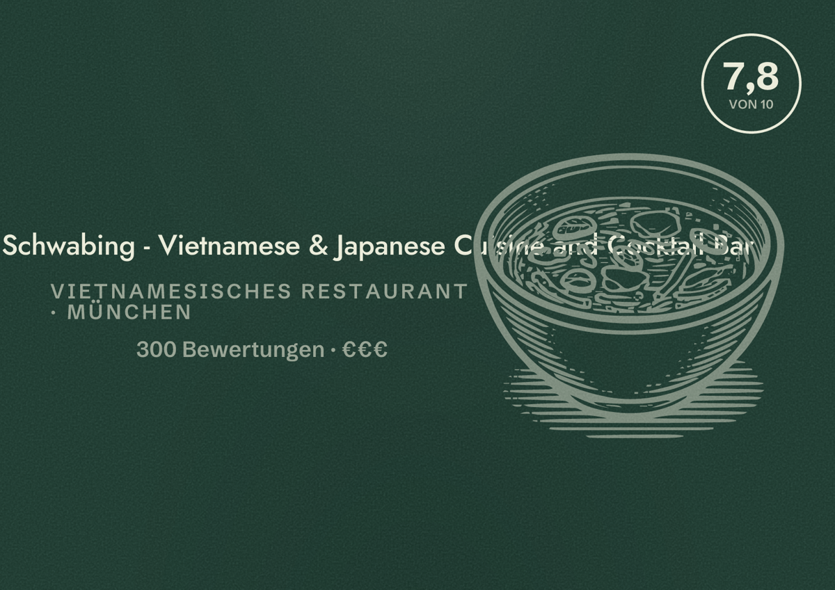Illustriertes Poster von QYU Restaurant in Schwabing - Vietnamese & Japanese Cuisine and Cocktail Bar, Vietnamesisches Restaurant in München: Bewertung 7,8 von 10 aus 300 Bewertungen, Preisniveau €€€