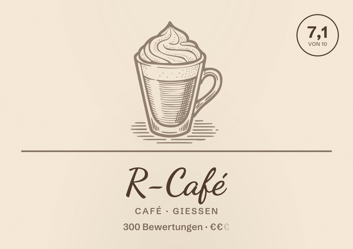 Illustriertes Poster von R-Café, Café in Gießen: Bewertung 7,1 von 10 aus 300 Bewertungen, Preisniveau €€