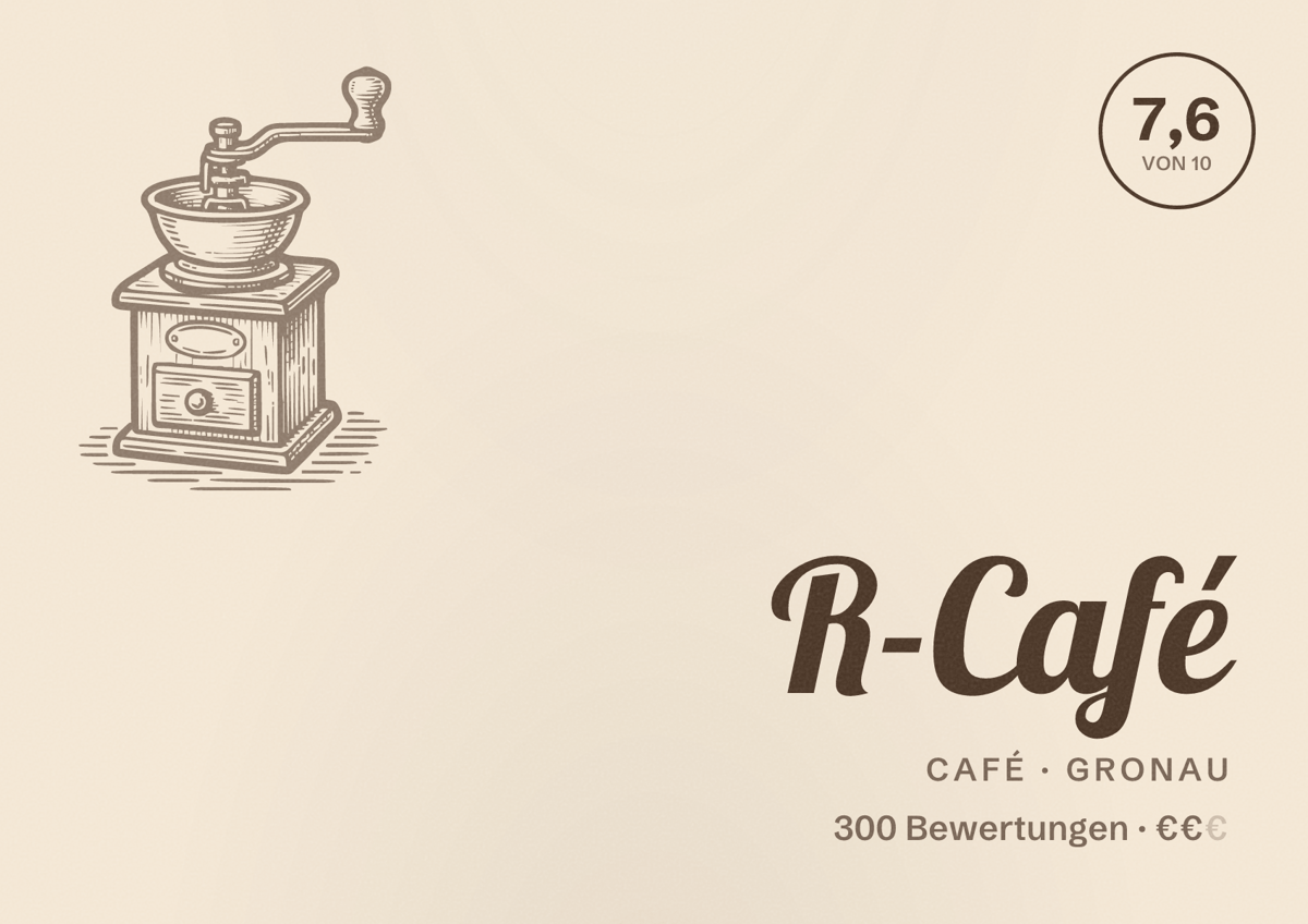 Illustriertes Poster von R-Café, Café in Gronau: Bewertung 7,6 von 10 aus 300 Bewertungen, Preisniveau €€