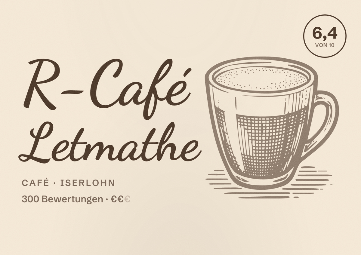Illustriertes Poster von R-Café Letmathe, Café in Iserlohn: Bewertung 6,4 von 10 aus 300 Bewertungen, Preisniveau €€
