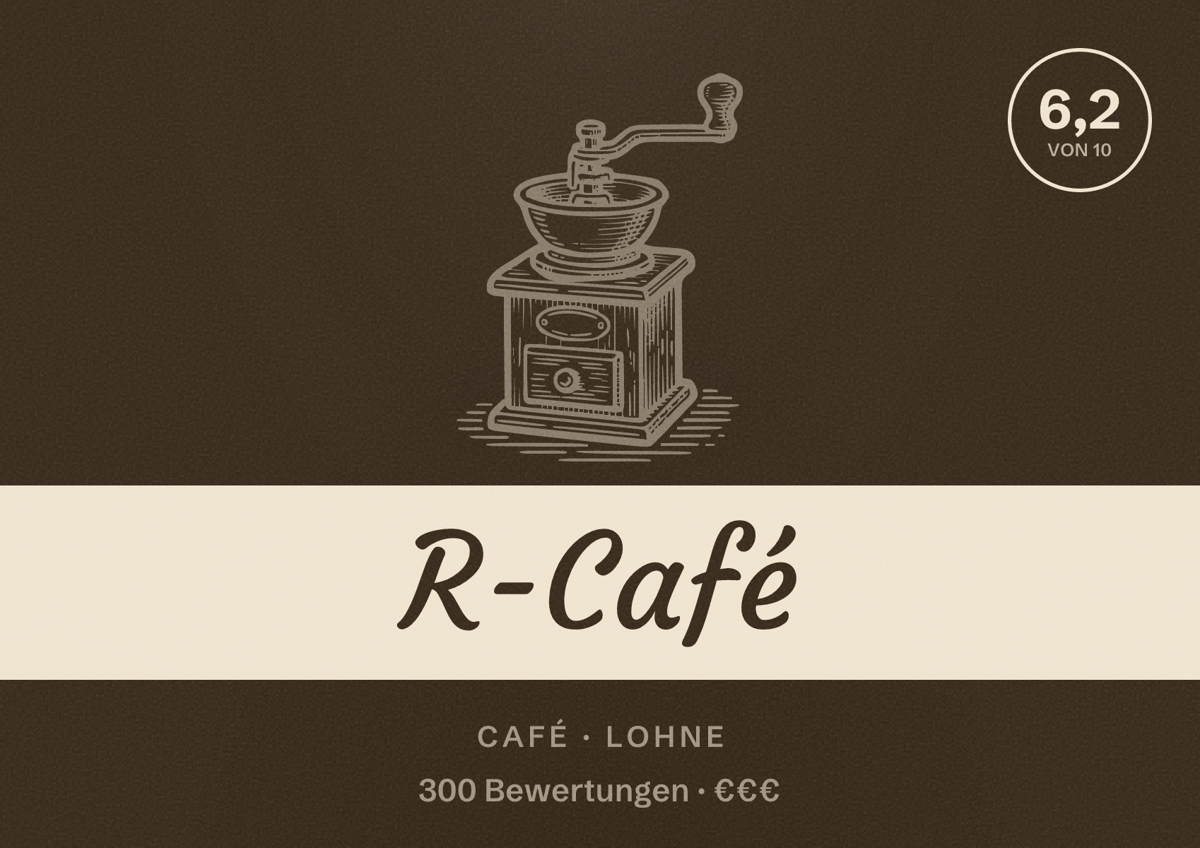 Illustriertes Poster von R-Café, Café in Lohne: Bewertung 6,2 von 10 aus 300 Bewertungen, Preisniveau €€€