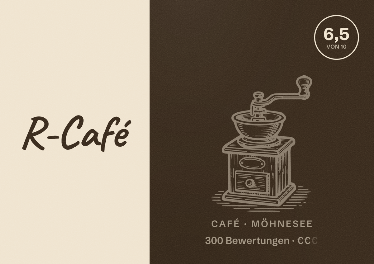 Illustriertes Poster von R-Café, Café in Möhnesee: Bewertung 6,5 von 10 aus 300 Bewertungen, Preisniveau €€