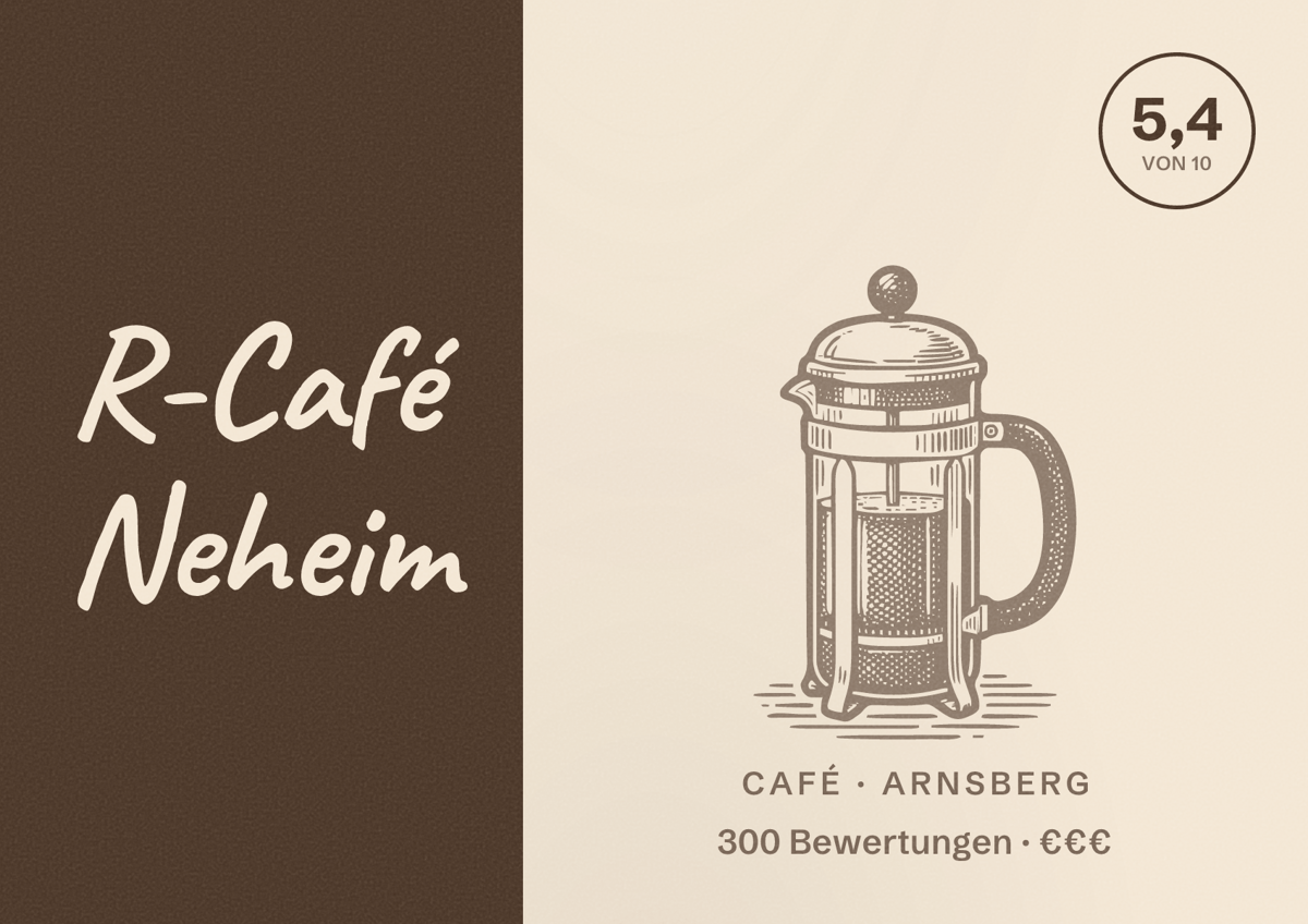 Illustriertes Poster von R-Café Neheim, Café in Arnsberg: Bewertung 5,4 von 10 aus 300 Bewertungen, Preisniveau €€€