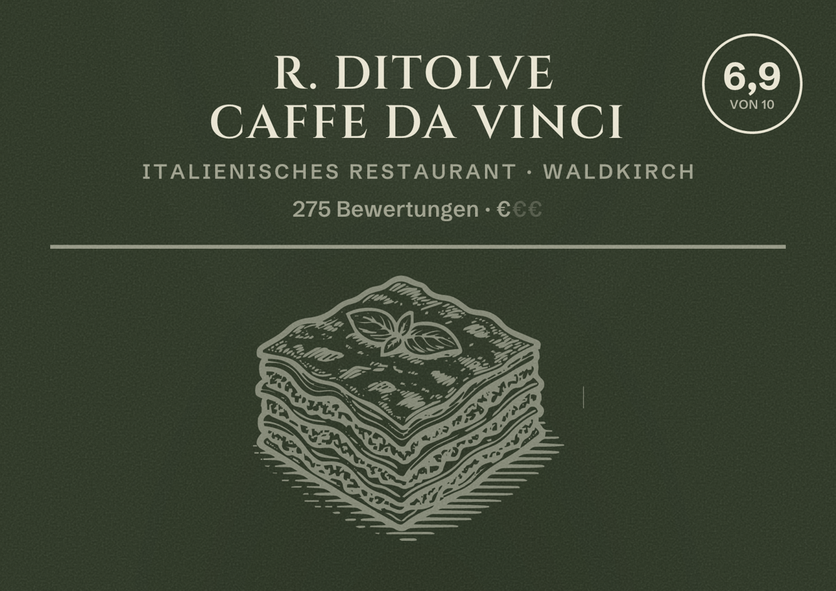 Illustriertes Poster von R. Ditolve Caffe Da Vinci, Italienisches Restaurant in Waldkirch: Bewertung 6,9 von 10 aus 275 Bewertungen, Preisniveau €