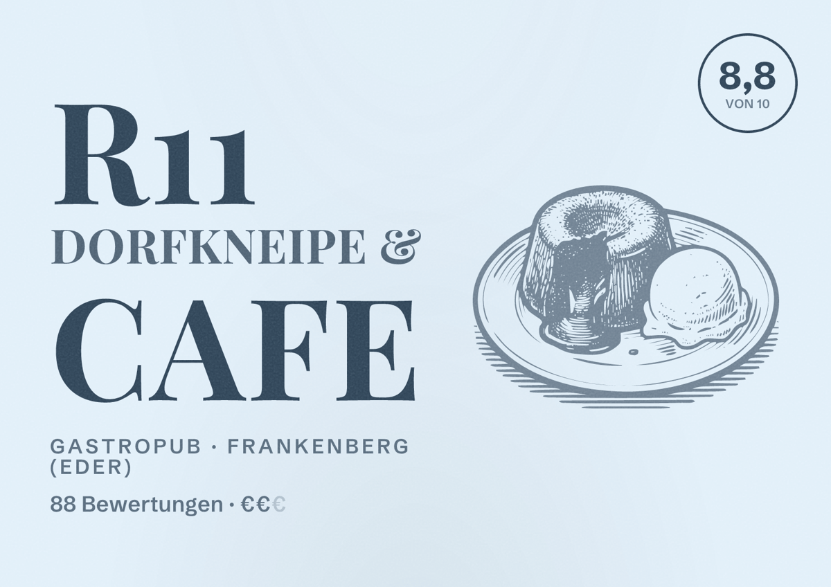 Illustriertes Poster von R11 Dorfkneipe & Cafe, Gastropub in Frankenberg (Eder): Bewertung 8,8 von 10 aus 88 Bewertungen, Preisniveau €€