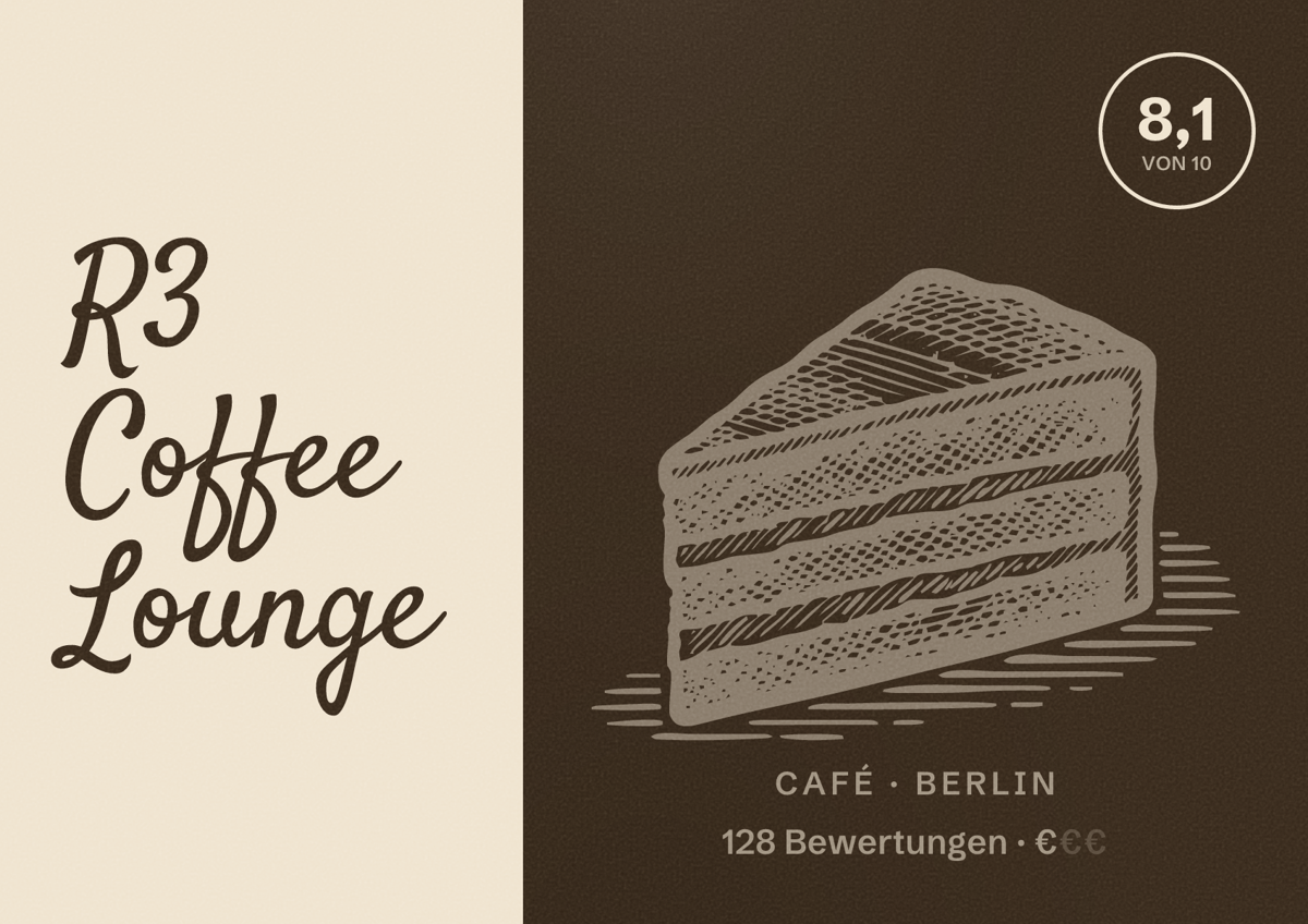 Illustriertes Poster von R3 Coffee Lounge, Café in Berlin: Bewertung 8,1 von 10 aus 128 Bewertungen, Preisniveau €