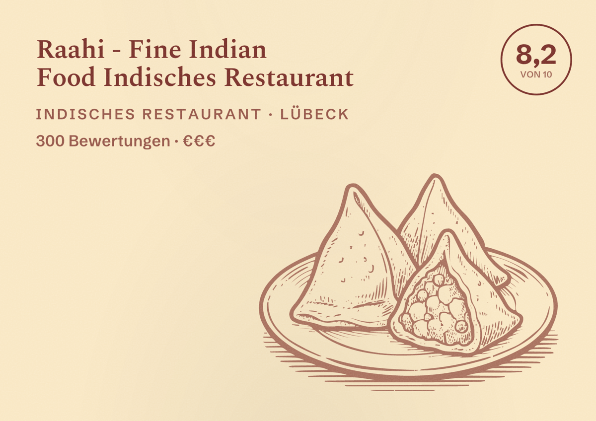Illustriertes Poster von Raahi - Fine Indian Food Indisches Restaurant, Indisches Restaurant in Lübeck: Bewertung 8,2 von 10 aus 300 Bewertungen, Preisniveau €€€