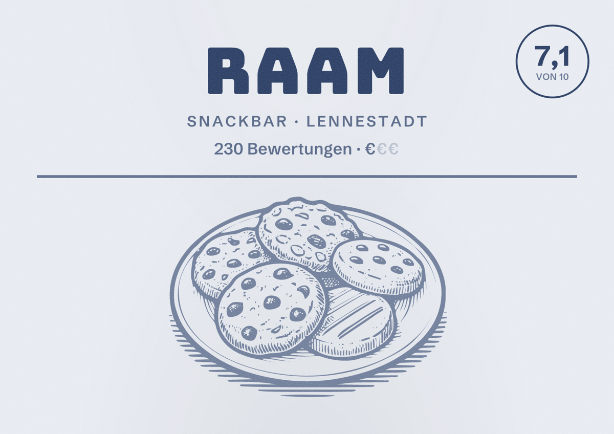 Illustriertes Poster von Raam, Snackbar in Lennestadt: Bewertung 7,1 von 10 aus 230 Bewertungen, Preisniveau €