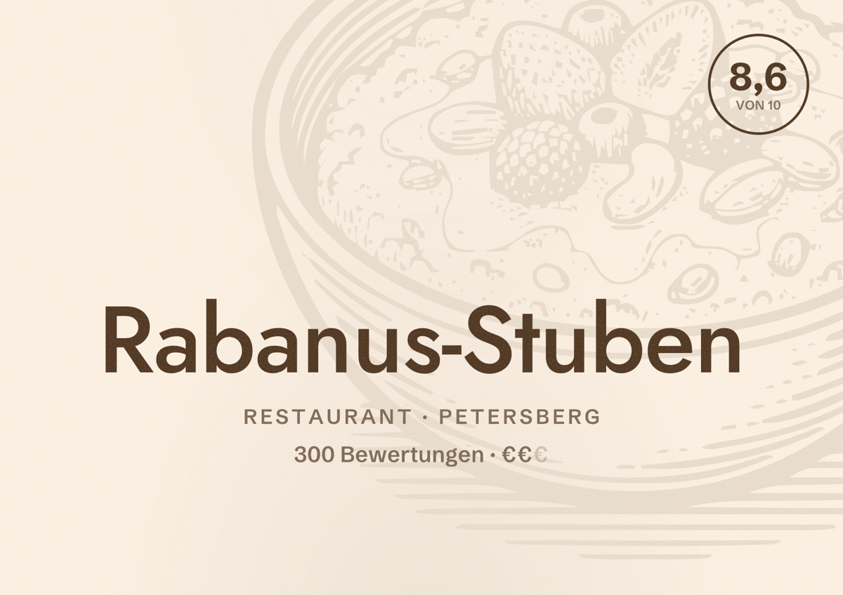 Illustriertes Poster von Rabanus-Stuben, Restaurant in Petersberg: Bewertung 8,6 von 10 aus 300 Bewertungen, Preisniveau €€