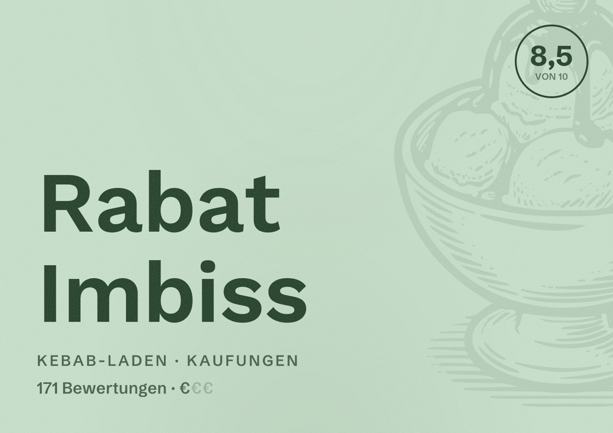 Illustriertes Poster von Rabat Imbiss, Kebab-Laden in Kaufungen: Bewertung 8,5 von 10 aus 171 Bewertungen, Preisniveau €
