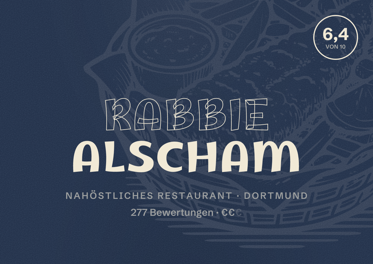 Illustriertes Poster von Rabbie Alscham, Nahöstliches Restaurant in Dortmund: Bewertung 6,4 von 10 aus 277 Bewertungen, Preisniveau €€