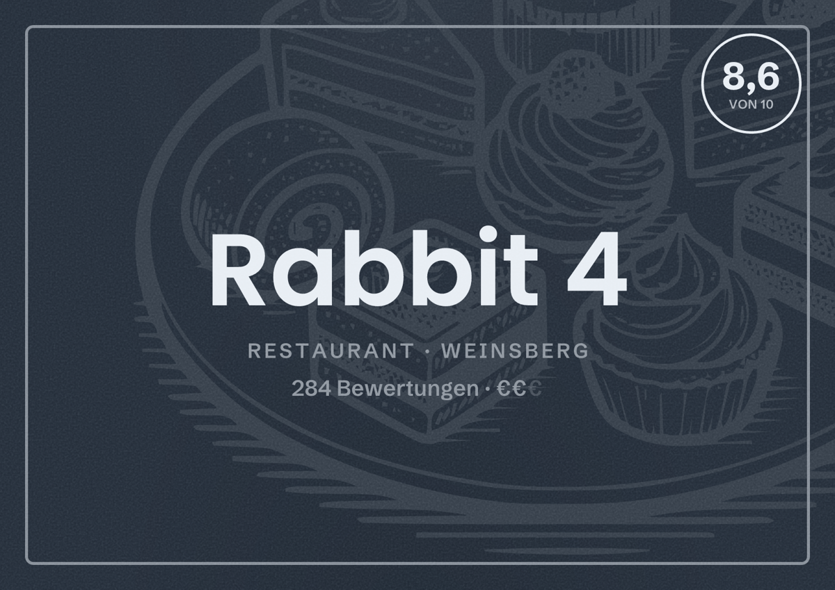 Illustriertes Poster von Rabbit 4, Restaurant in Weinsberg: Bewertung 8,6 von 10 aus 284 Bewertungen, Preisniveau €€