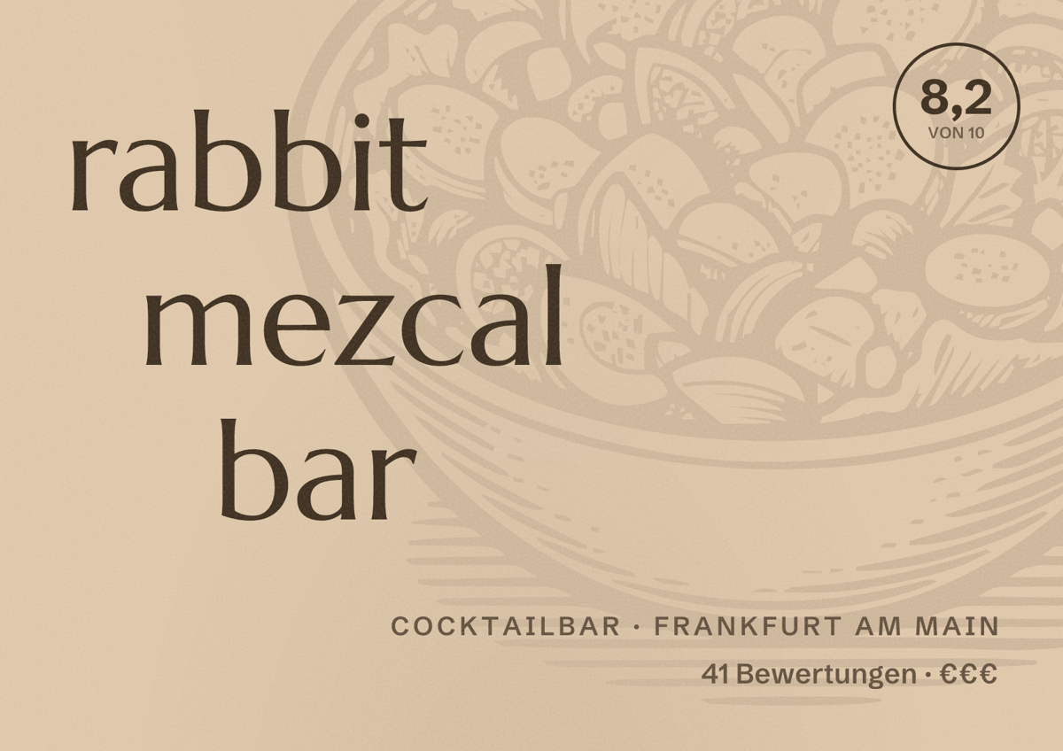 Illustriertes Poster von rabbit mezcal bar, Cocktailbar in Frankfurt am Main: Bewertung 8,2 von 10 aus 41 Bewertungen, Preisniveau €€€