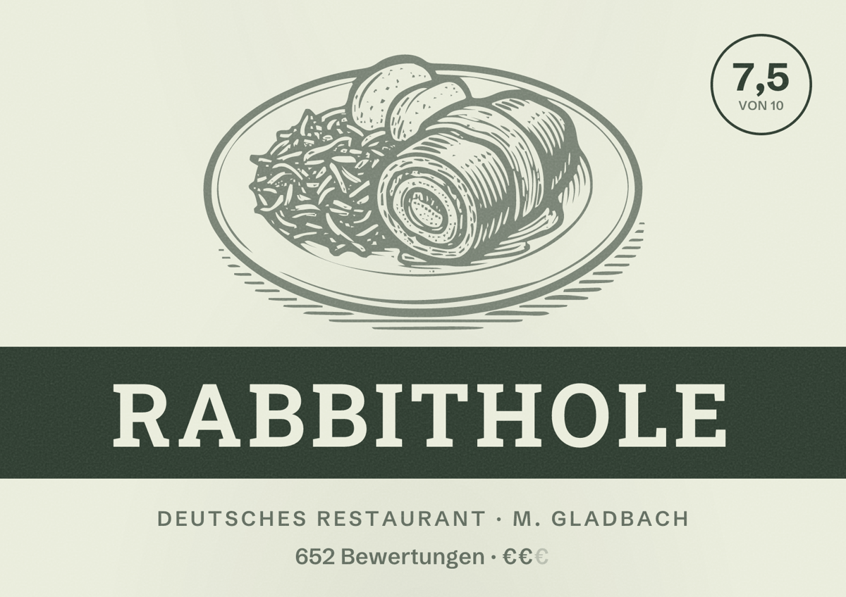 Illustriertes Poster von Rabbithole, Deutsches Restaurant in M. Gladbach: Bewertung 7,5 von 10 aus 652 Bewertungen, Preisniveau €€