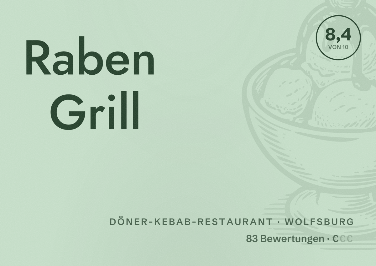 Illustriertes Poster von Raben Grill, Döner-Kebab-Restaurant in Wolfsburg: Bewertung 8,4 von 10 aus 83 Bewertungen, Preisniveau €