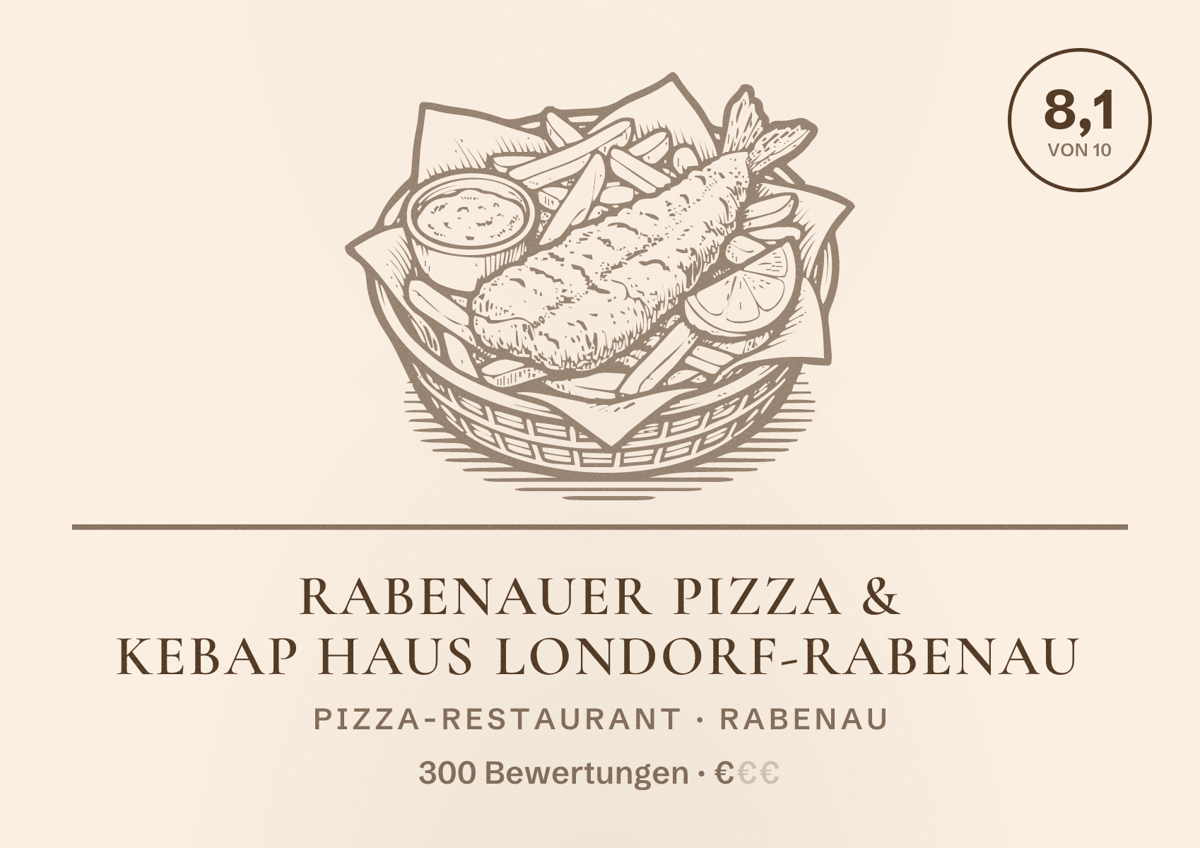 Illustriertes Poster von Rabenauer Pizza & Kebap Haus Londorf-Rabenau, Pizza-Restaurant in Rabenau: Bewertung 8,1 von 10 aus 300 Bewertungen, Preisniveau €