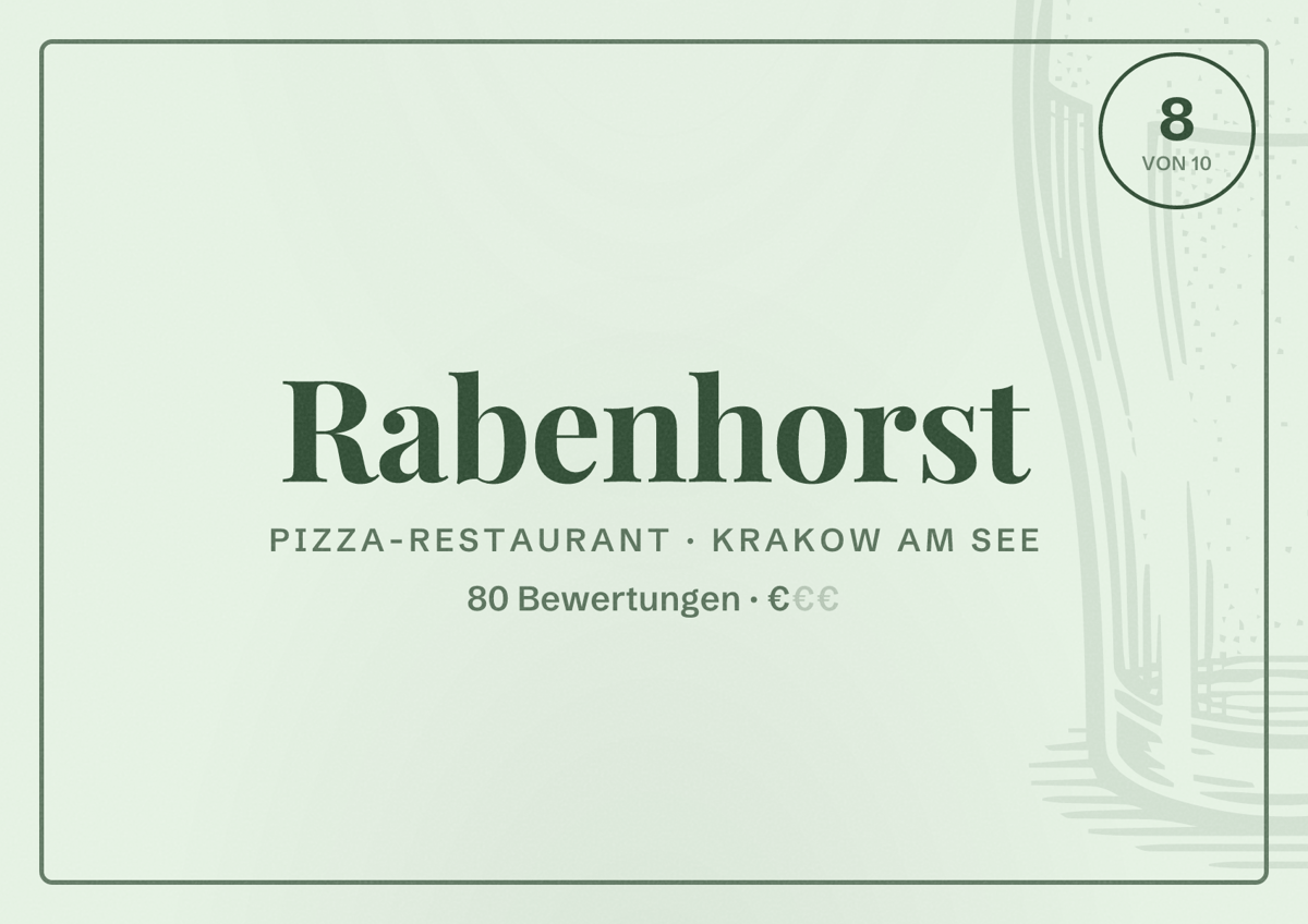 Illustriertes Poster von Rabenhorst, Pizza-Restaurant in Krakow am See: Bewertung 8 von 10 aus 80 Bewertungen, Preisniveau €