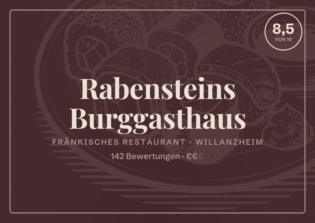 Illustriertes Poster von Rabensteins Burggasthaus, Fränkisches Restaurant in Willanzheim: Bewertung 8,5 von 10 aus 142 Bewertungen, Preisniveau €€
