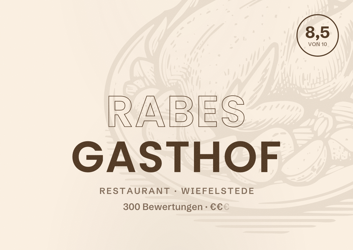 Illustriertes Poster von Rabes Gasthof, Restaurant in Wiefelstede: Bewertung 8,5 von 10 aus 300 Bewertungen, Preisniveau €€